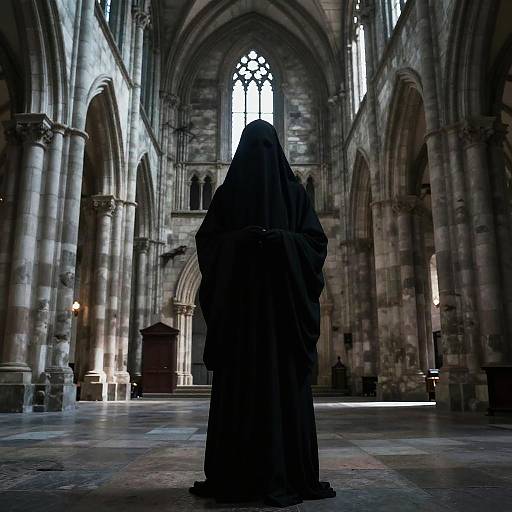 Silhouetted figure in a long black hooded robe stands in the dimly lit, grand Gothic cathedral with tall arches and stained glass windows