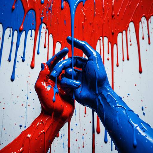 Hands Covered in Dripping Red and Blue Paint
