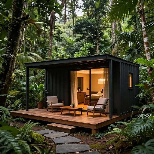 Photograph of a modern, black-clad tiny house with a wooden deck, lit warmly from inside, surrounded by lush, dense forest.
