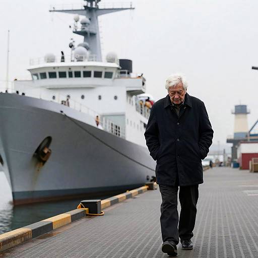 Elderly Man by Naval Ship in Dockyard