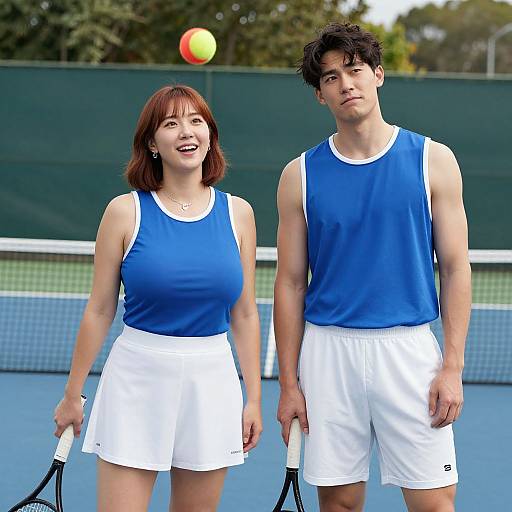 Photograph of a smiling Asian woman and a serious young man, both wearing blue sleeveless tops and white tennis skirts, holding rackets on a blue