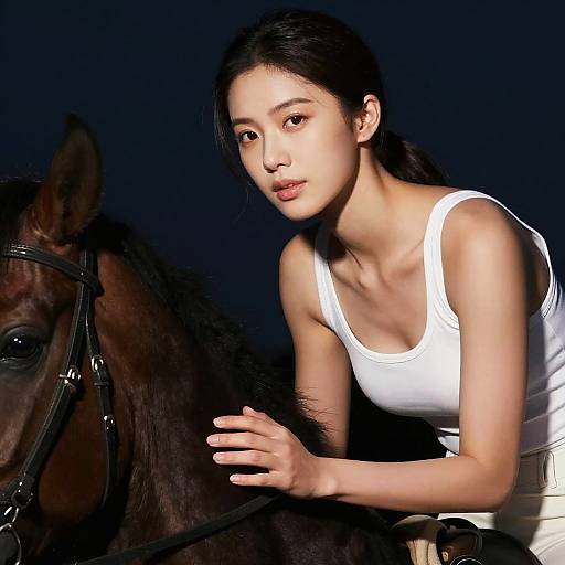 Woman in White Tank Top with Horse at Night