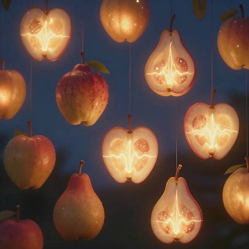 Photograph of glowing, hollowed-out fruit lights (apples, pears) hanging against a dark blue background, casting warm, amber light.