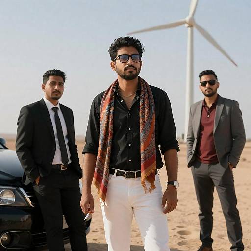 Three Men in Desert with Wind Turbines