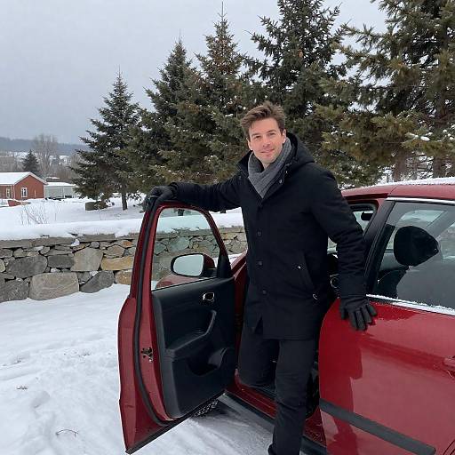 Winter Scene: Man by Red Car