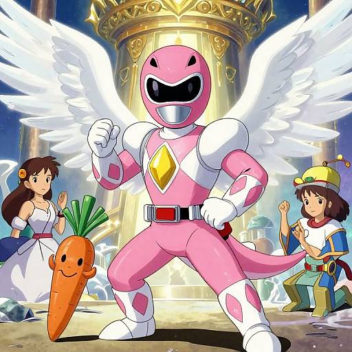 Colorful anime-style illustration of a pink, winged, smiling robot with a diamond chest emblem, standing triumphantly in a grand, golden-ceiling
