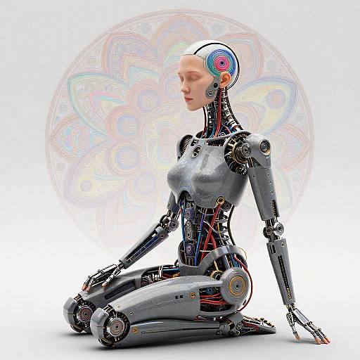 Digital artwork of a sleek, futuristic female robot with colorful circuitry, sitting in a meditative pose against a vibrant, abstract circular background.