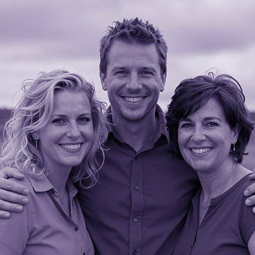 Three Friends Smiling with Purple Tint