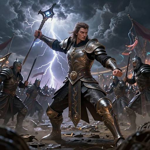 Digital artwork of a muscular, dark-haired warrior in ornate gold armor, wielding a lightning-enchanted staff, leading an army under a stormy