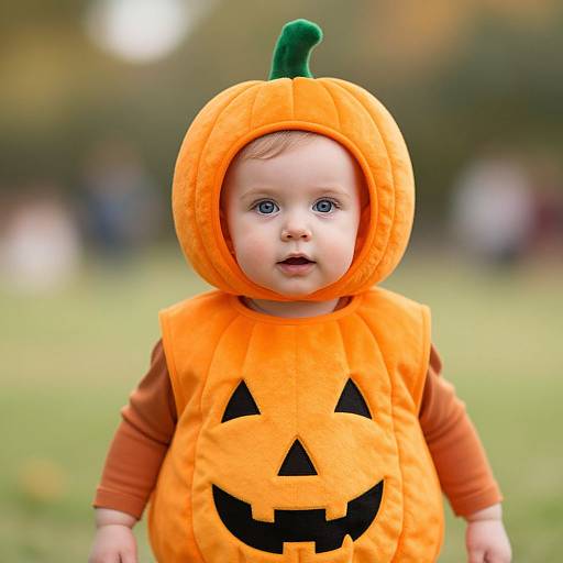 Photograph of a baby with blue eyes wearing an orange pumpkin hooded costume with a black jack-o'-lantern face, standing in a grassy