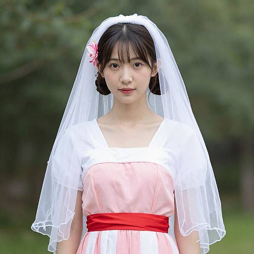 Photograph of an Asian young girl with black hair, wearing a white veil, pink dress, and red sash, standing outdoors.