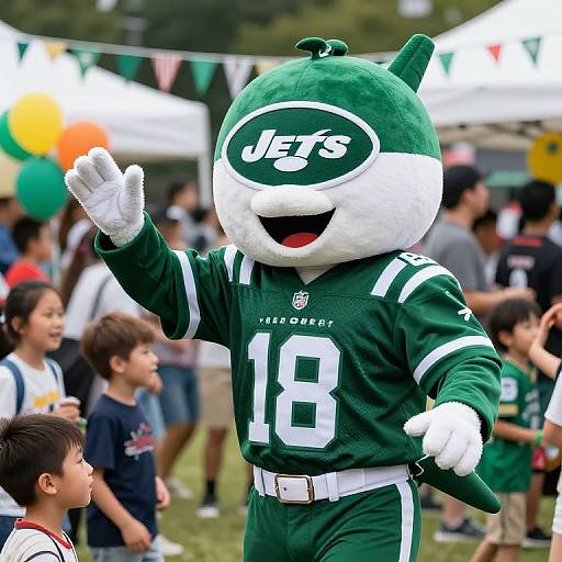 Photograph of a child in a green Jets mascot costume with white gloves, wearing jersey number 18, waving at a group of children in a park