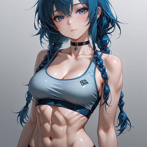 Athletic Anime Girl with Blue Hair and Twin Braids