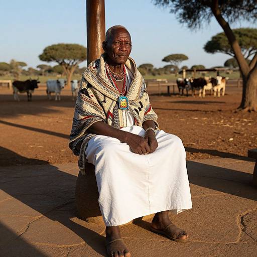 Photograph of a smiling African man in traditional white robe and patterned blanket, sitting under a tree, with cows in the background on a sunlit