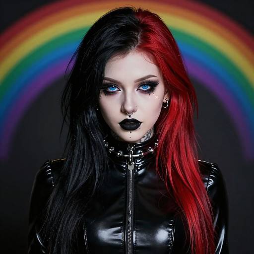 Photograph of a pale-skinned woman with striking blue eyes, half-black half-red hair, black gothic lipstick, black latex jacket, nose ring