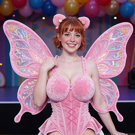 Photograph of a smiling red-haired woman in a pink, velvet corset, and glowing, fairy-like wings, standing in a colorful balloon-filled stage