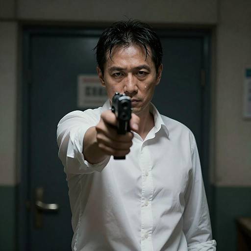 Man Pointing Handgun in Dim Room