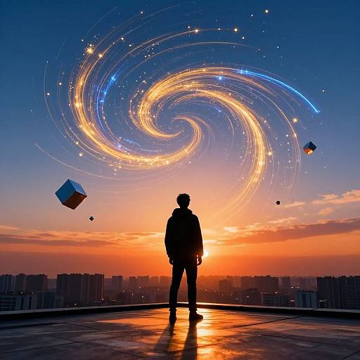 Silhouetted man stands on rooftop, gazing at swirling galaxy and floating cubes against vibrant sunset and cityscape, surreal digital art.