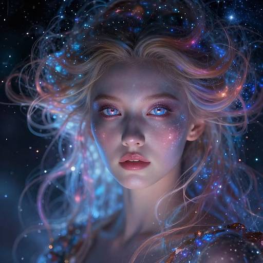 Digital portrait of a blonde woman with glowing blue eyes, surrounded by cosmic stars and nebula, her hair swirling ethereally.