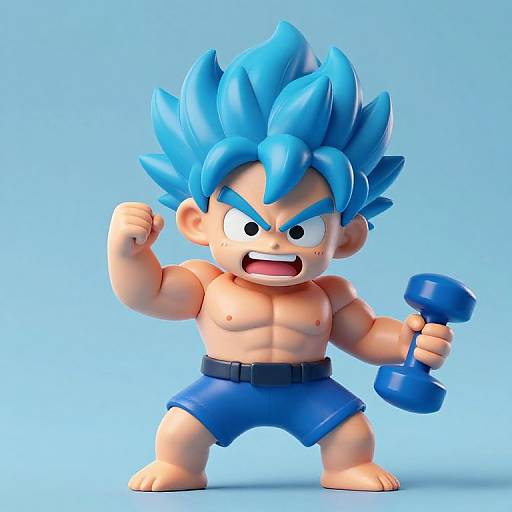 Chibi-style digital artwork of a muscular, blue-haired, angry child with spiky hair, flexing right arm, holding blue dumbbell, wearing