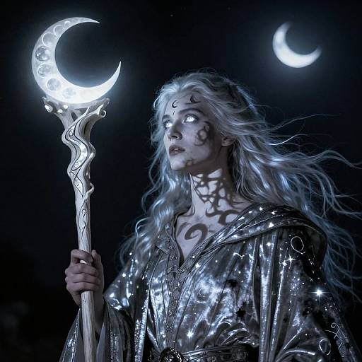 Digital artwork of a silver-haired, glowing-eyed figure in a starry, metallic robe holding a crescent moon staff under a dark, moonlit sky