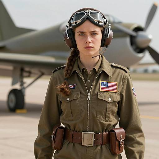 Woman in WWII Pilot Costume with Aircraft