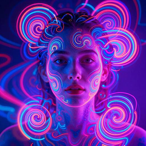 Photograph of a woman with glowing neon swirls in vibrant pink, blue, and purple light, creating an ethereal, luminous effect.