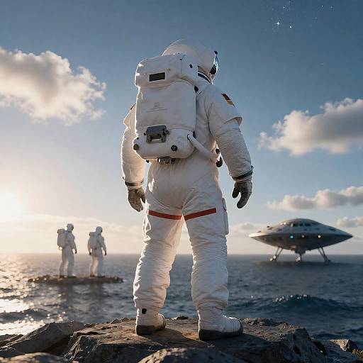 Space Explorer on Ocean at Sunrise