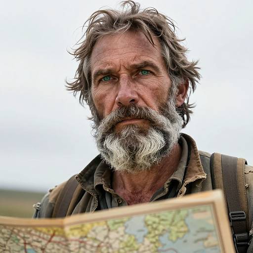 Photograph of a rugged, middle-aged man with a grey beard, green eyes, and tousled hair, holding a map, wearing a brown shirt