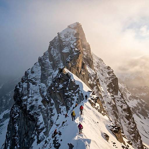 Photograph of four climbers in colorful jackets ascending a snowy, sunlit, rocky mountain peak with dramatic light and misty background.