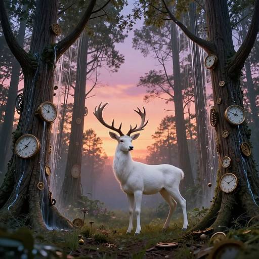 Digital art: White stag with large antlers stands in enchanted forest at sunset, surrounded by clock-faced trees, mushrooms on forest floor.