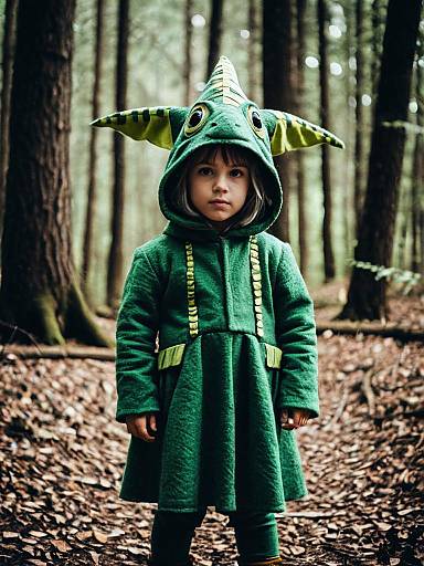 Child in Green Dragon Costume in Forest