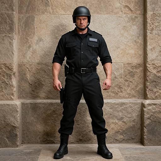 Photograph of a muscular male security officer in black uniform, helmet, and boots, standing against a textured stone wall. His serious expression contrasts with the