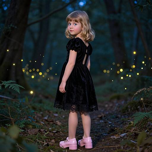 Photograph of a blonde, blue-eyed young girl in a black lace dress and pink shoes, standing in a dark forest with glowing fireflies.