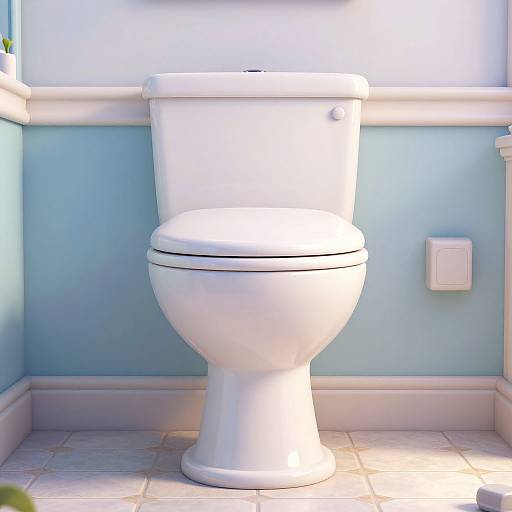 Photorealistic CGI of a white porcelain toilet centered in a small bathroom with light blue walls and white tiled floor.