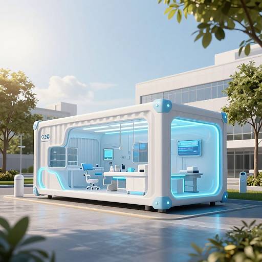 Photorealistic CGI of a futuristic, white, glowing blue-lit mobile office bus parked on a sunlit urban street with modern buildings and trees.