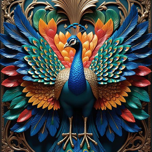 Vibrant Peacock Wall Relief Sculpture Artwork