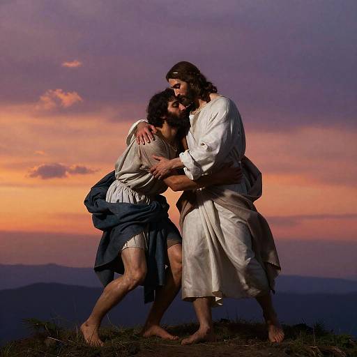 Jesus Embracing Man at Sunset