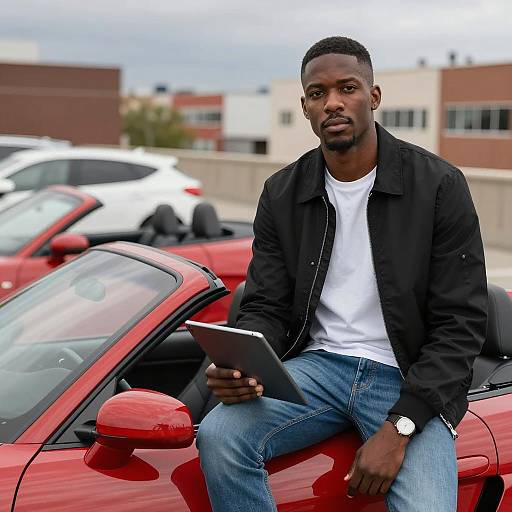 Urban Serenity: Man on Red Convertible