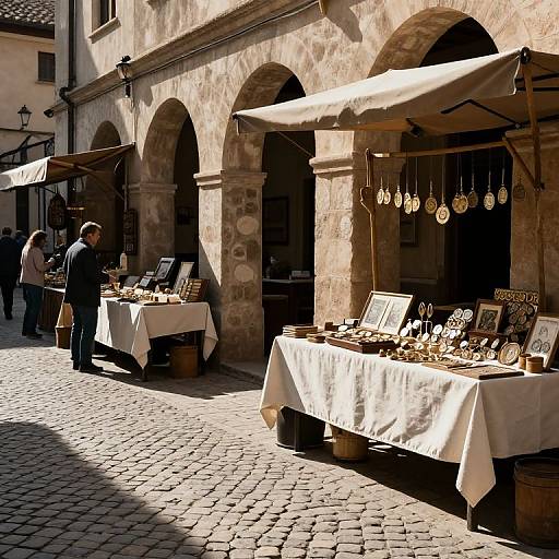 Photograph of a sunlit European street market with arched stone buildings, white tablecloths, hanging medallions, and three shoppers browsing.