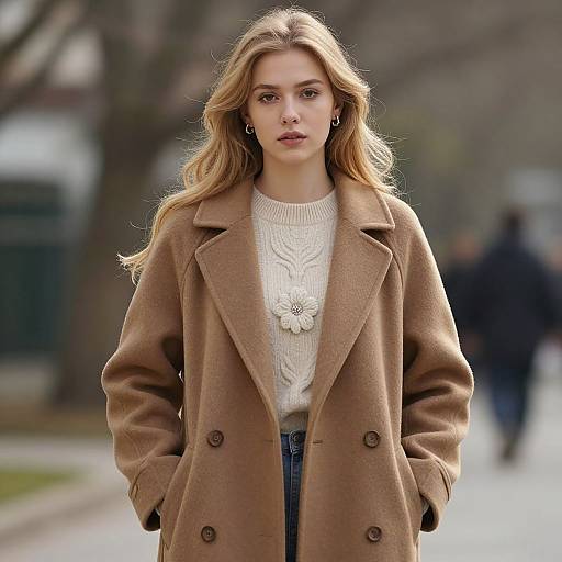 Photograph of a young Caucasian woman with long blonde hair, wearing a brown coat, white knit sweater, and blue jeans, standing outdoors on a blurred