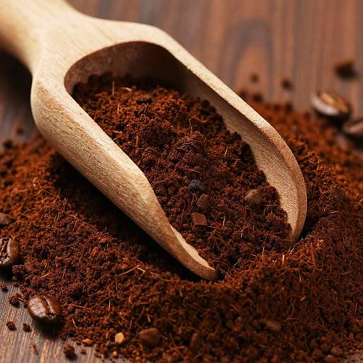 Close-up photograph of a metal fork filled with rich, dark brown coffee grounds, scattered on a wooden surface.