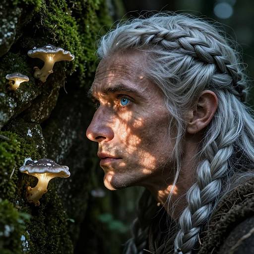 Photograph of a white-haired, blue-eyed man with braided hair, profile view, gazing at glowing mushrooms on a mossy tree in a