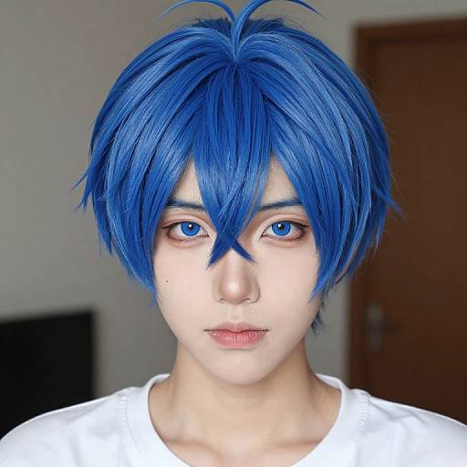 Photograph of an androgynous individual with striking blue hair, blue eyes, and fair skin, wearing a white shirt, against a blurred indoor