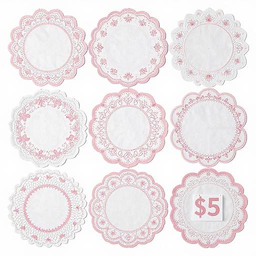 Digital illustration of nine pink lace-like circular designs, arranged in a 3x3 grid; the bottom right design has a 