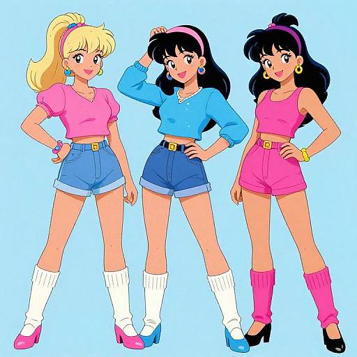 Digital anime-style illustration of three cheerful girls in colorful outfits: pink top and blue shorts, blue top and denim shorts, pink top and pink shorts,