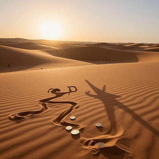 Photograph of a desert sunset with rippled sand dunes, casting long shadows of a person and objects, including two circular disks.