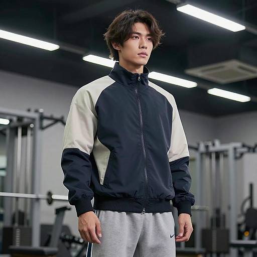 Photograph of an Asian man with medium-length dark hair, wearing a black and white track jacket and gray sweatpants, standing in a modern gym with
