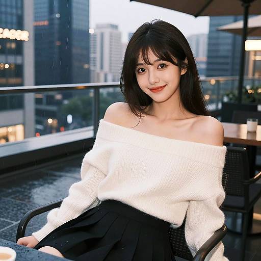 Photograph of an Asian woman with long black hair, red lipstick, wearing a white off-shoulder sweater and black skirt, sitting on a balcony