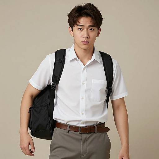 Photograph of an Asian man with short black hair, wearing a white shirt, gray pants, brown belt, and black backpack, standing against a plain